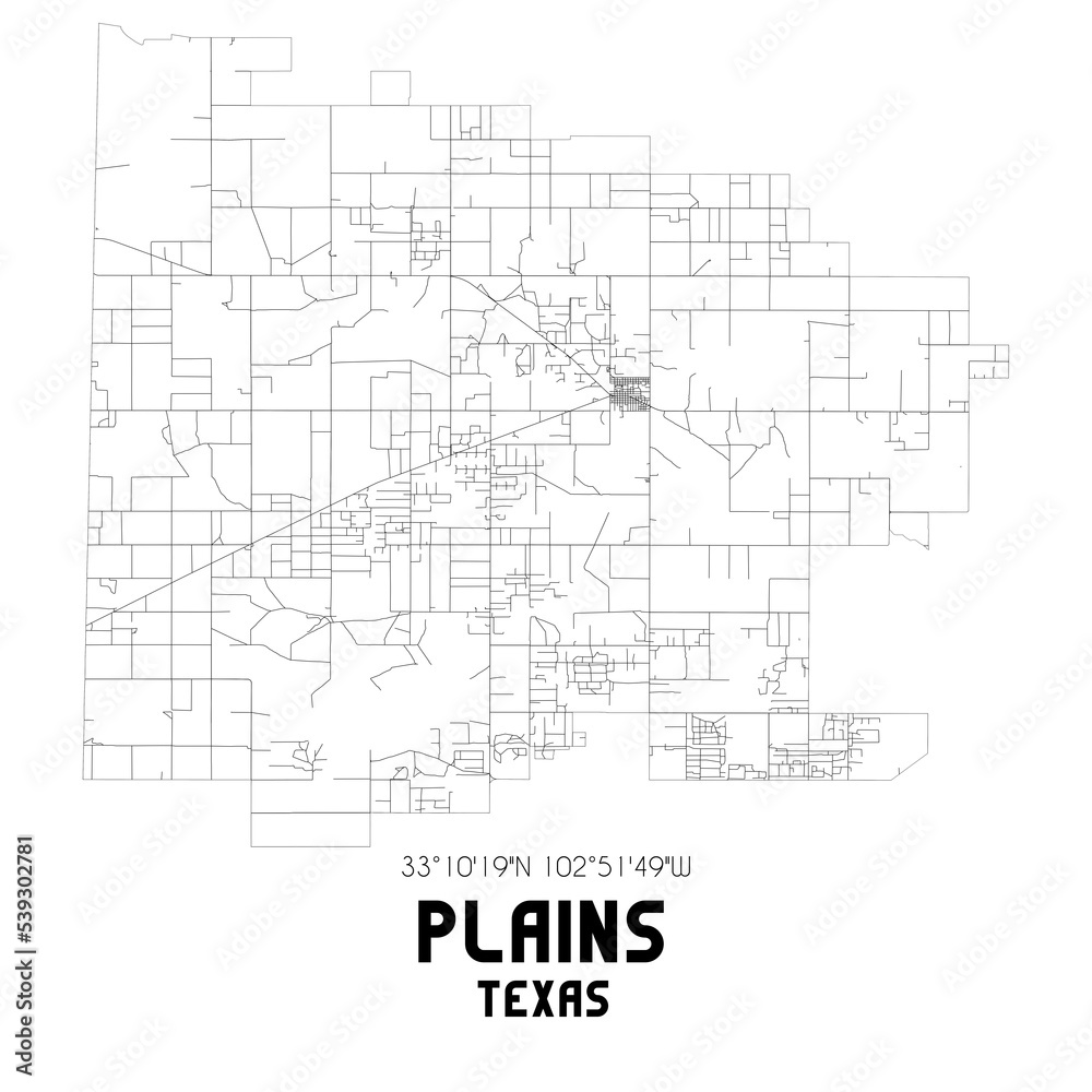Plains Texas. US street map with black and white lines.