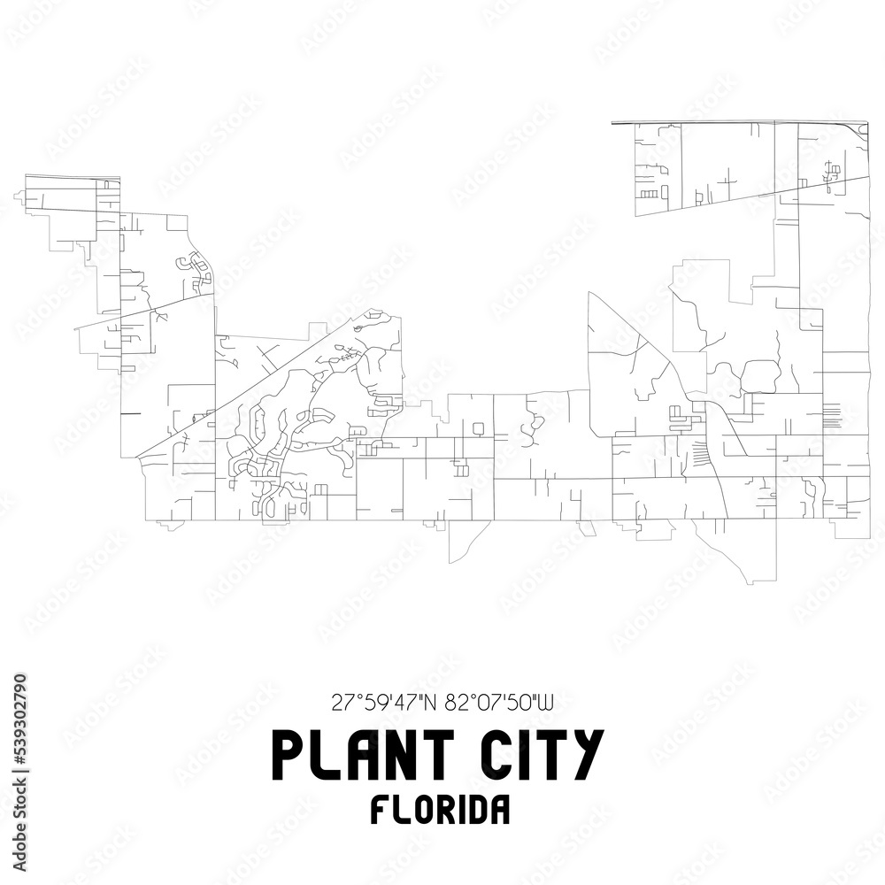 Plant City Florida. US street map with black and white lines.