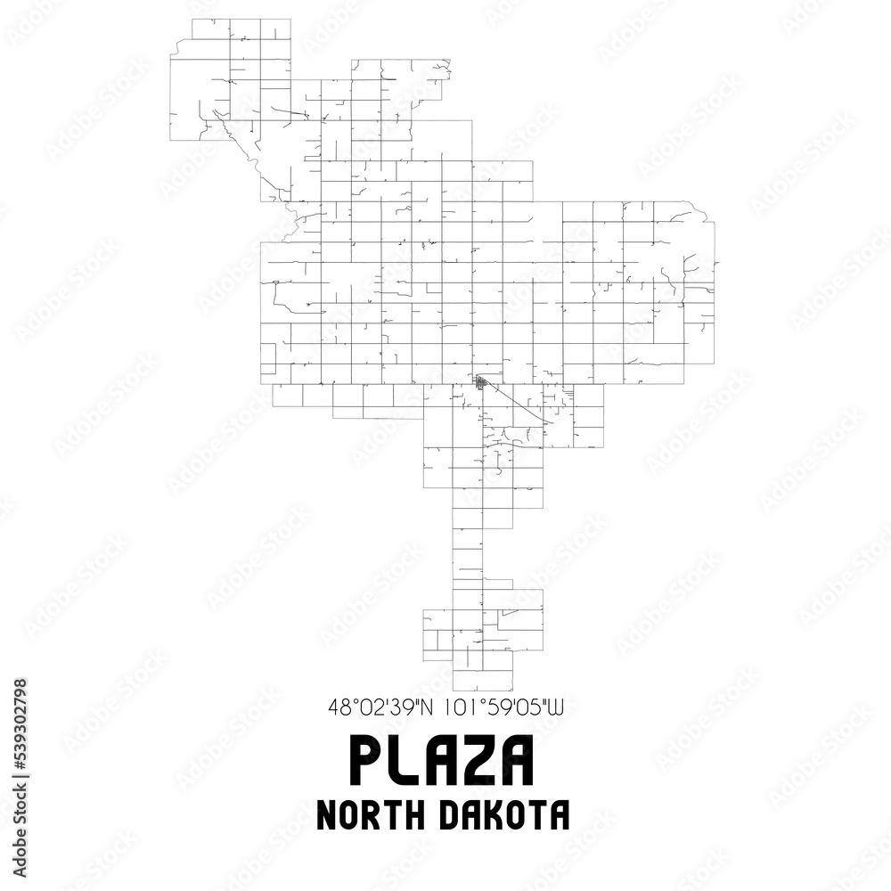 Plaza North Dakota. US street map with black and white lines.