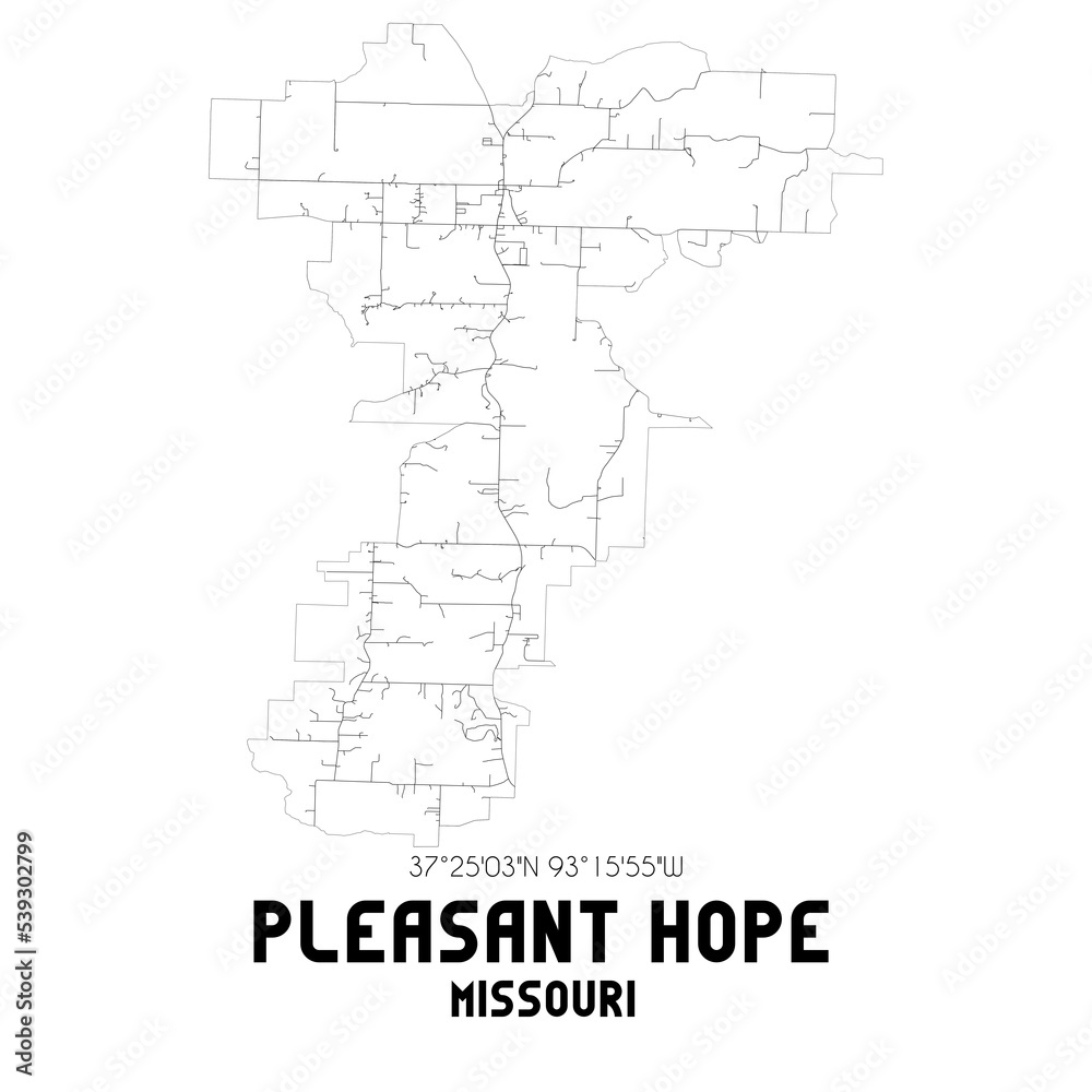 Pleasant Hope Missouri. US street map with black and white lines.