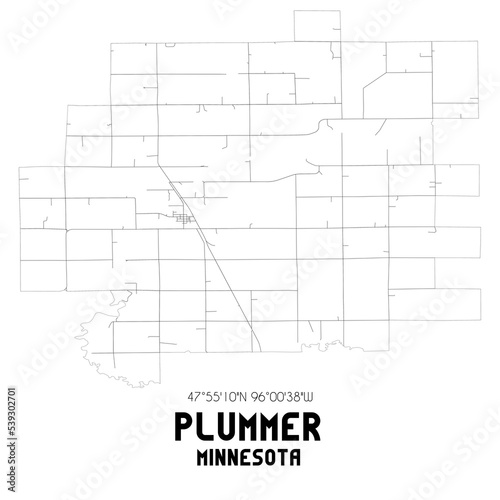 Plummer Minnesota. US street map with black and white lines.