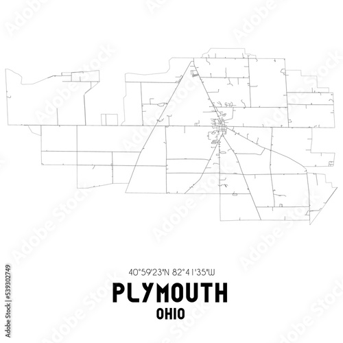 Plymouth Ohio. US street map with black and white lines.