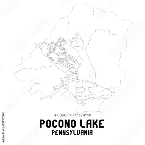 Pocono Lake Pennsylvania. US street map with black and white lines.