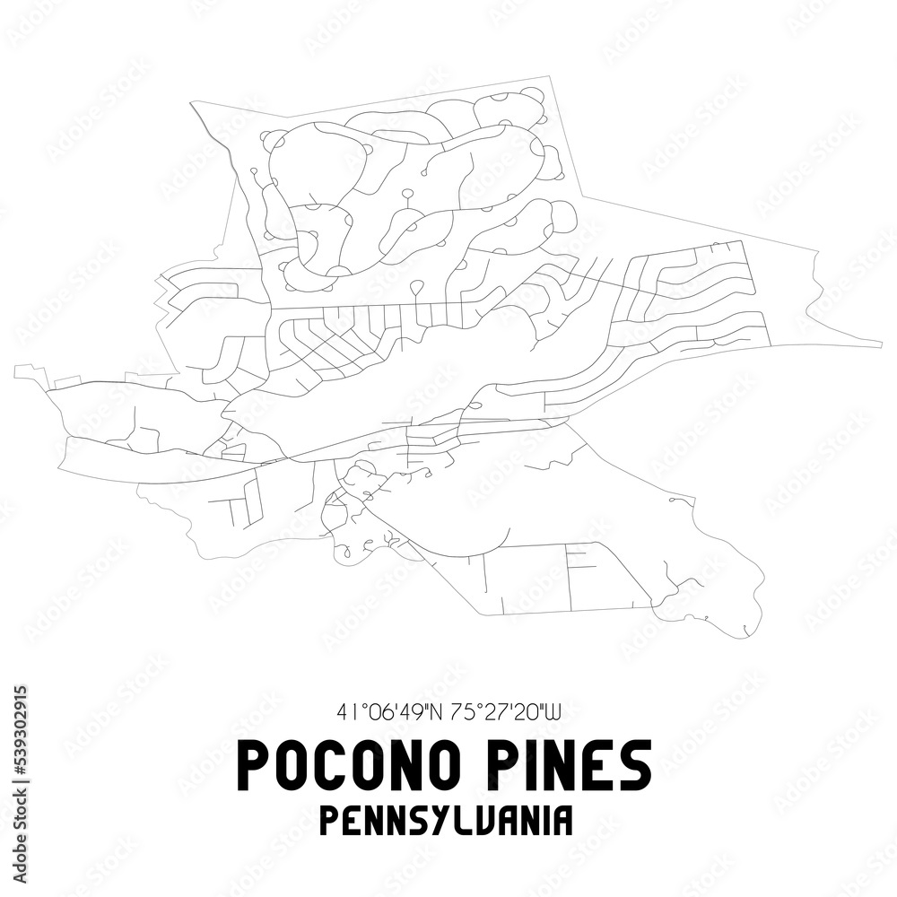 Pocono Pines Pennsylvania. US street map with black and white lines.