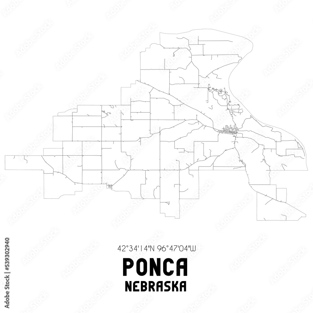 Ponca Nebraska. US street map with black and white lines.