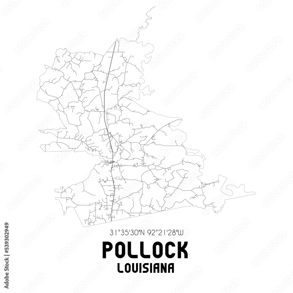 Pollock Louisiana. US street map with black and white lines.