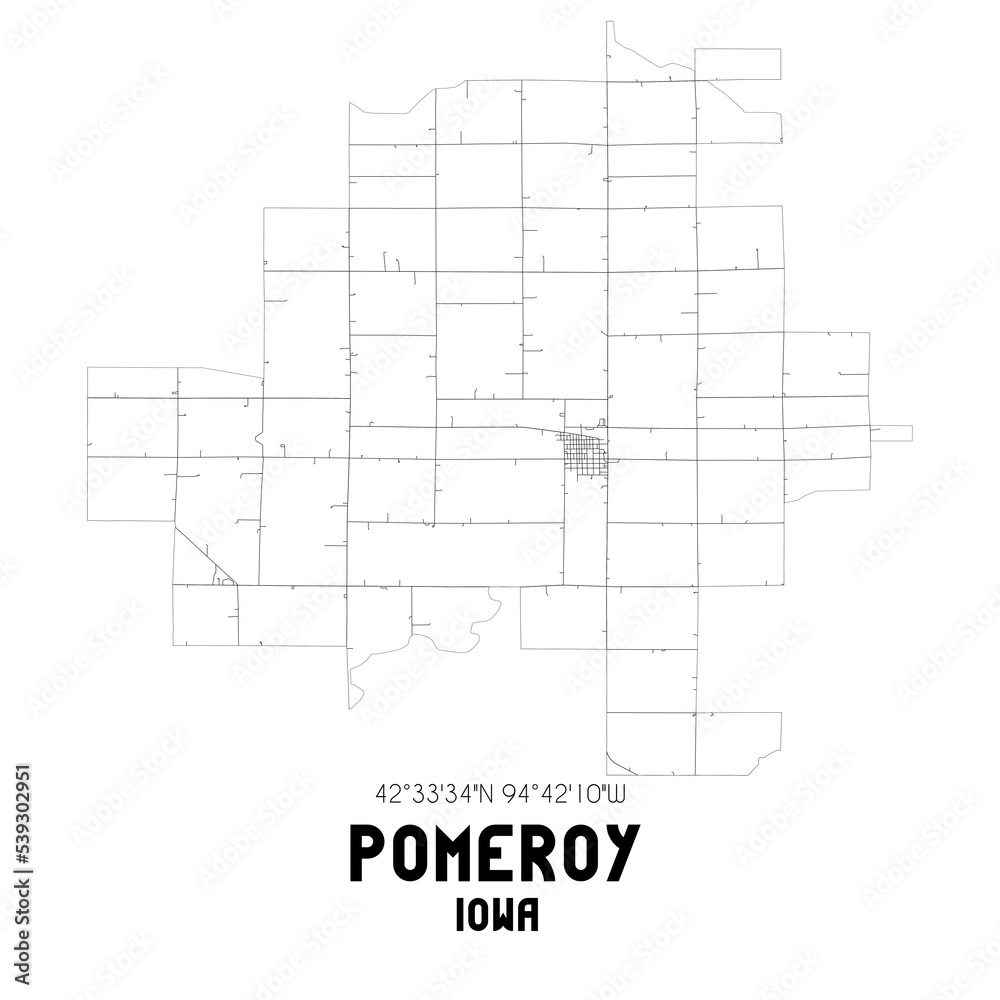 Pomeroy Iowa. US street map with black and white lines.