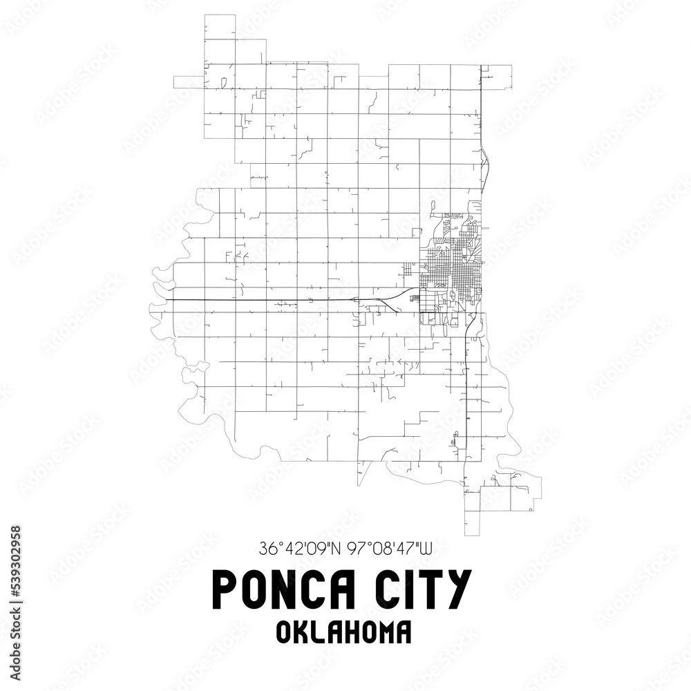 Ponca City Oklahoma. US street map with black and white lines.