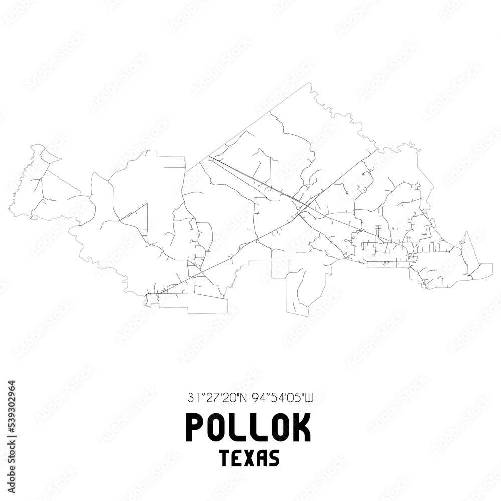 Pollok Texas. US street map with black and white lines.