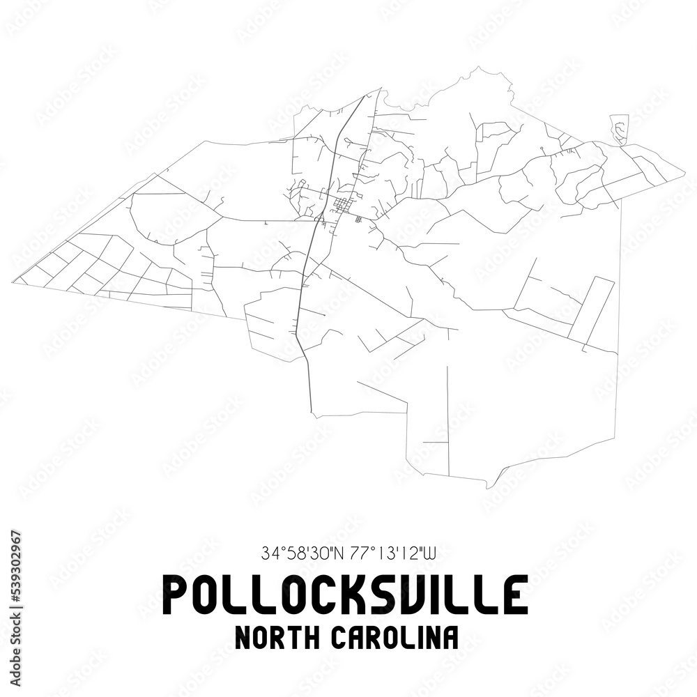Pollocksville North Carolina. US street map with black and white lines.