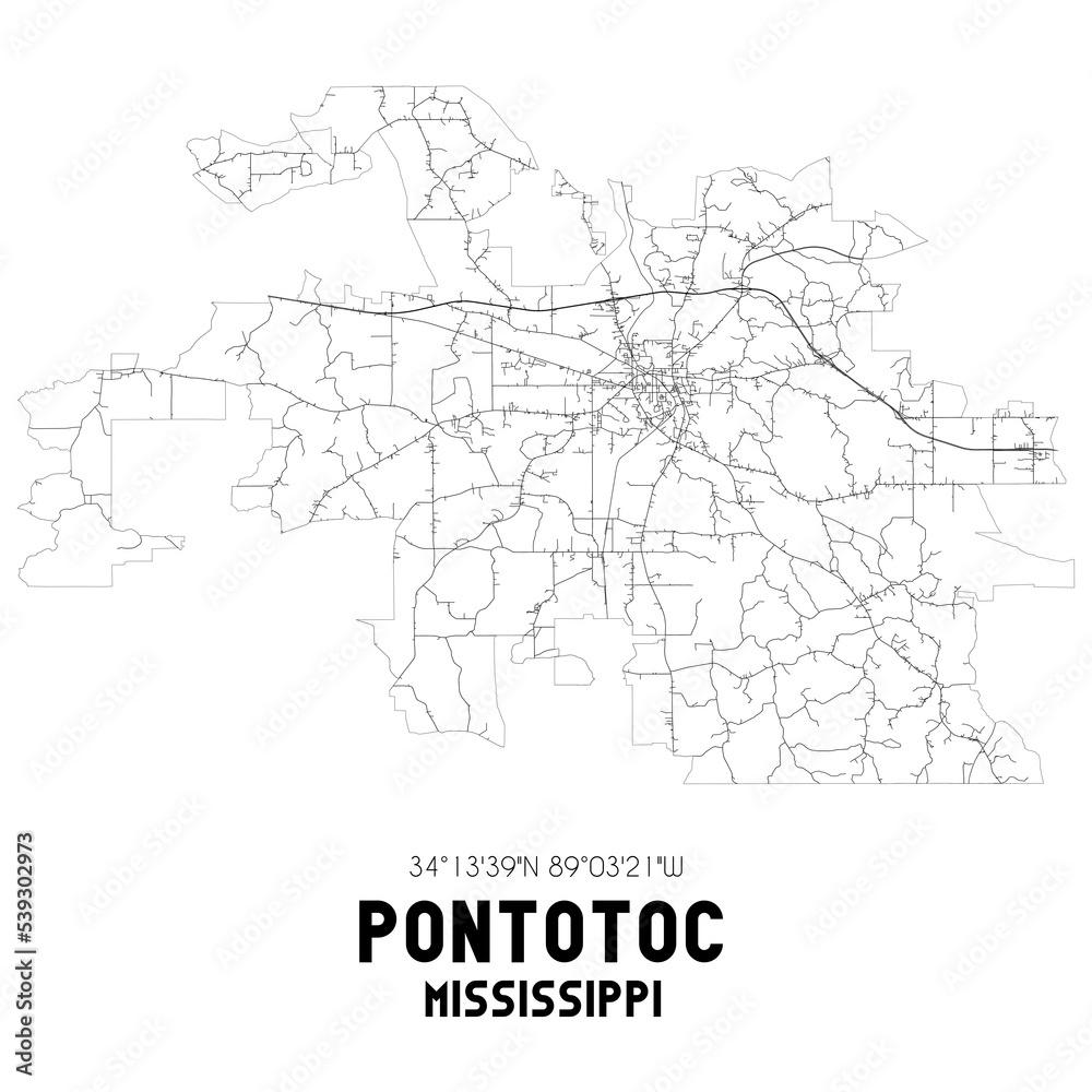 Pontotoc Mississippi. US street map with black and white lines.