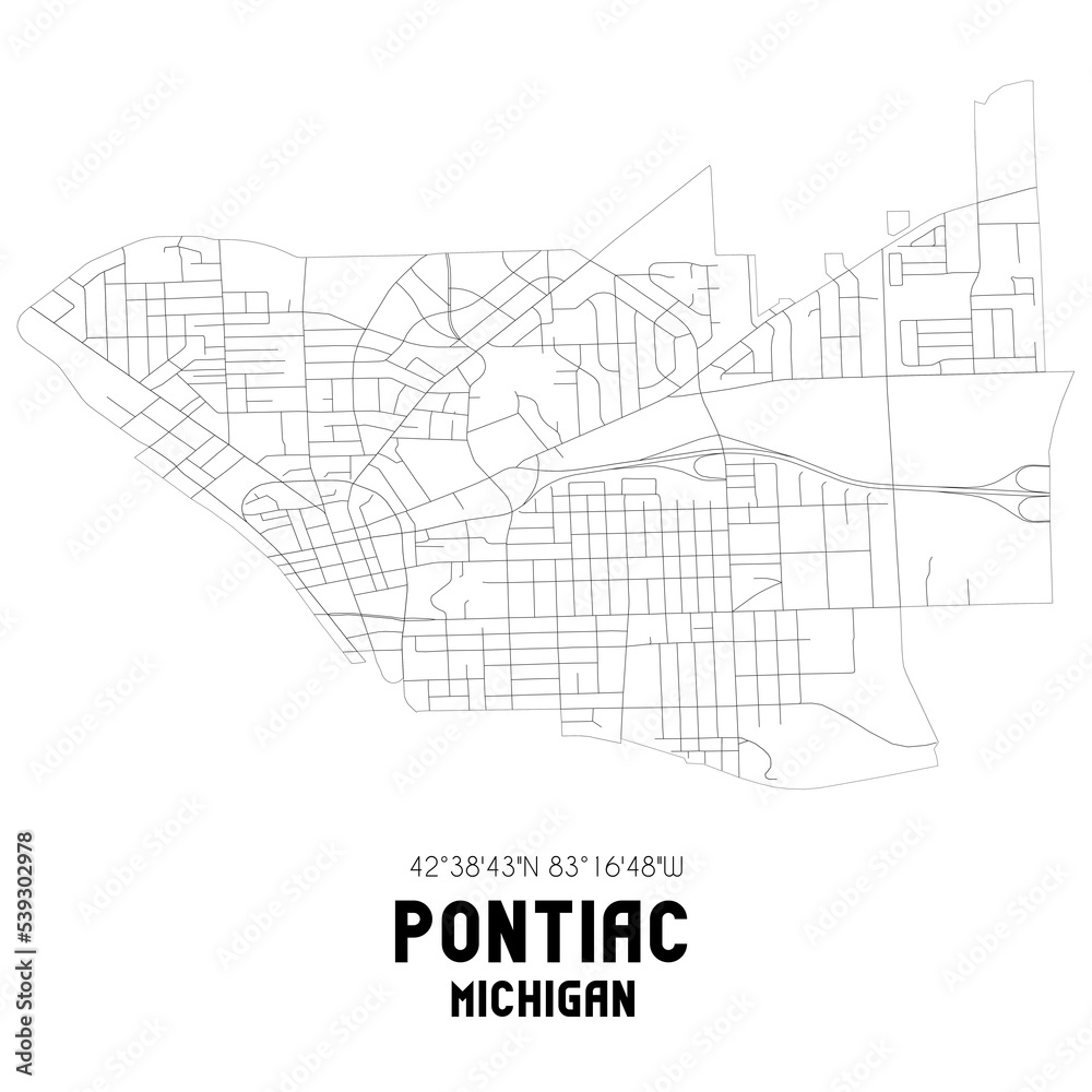 Pontiac Michigan. US street map with black and white lines.