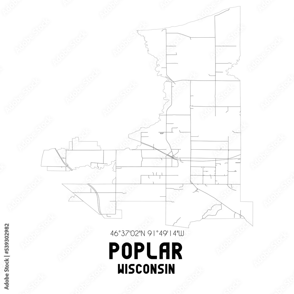 Poplar Wisconsin. US street map with black and white lines.