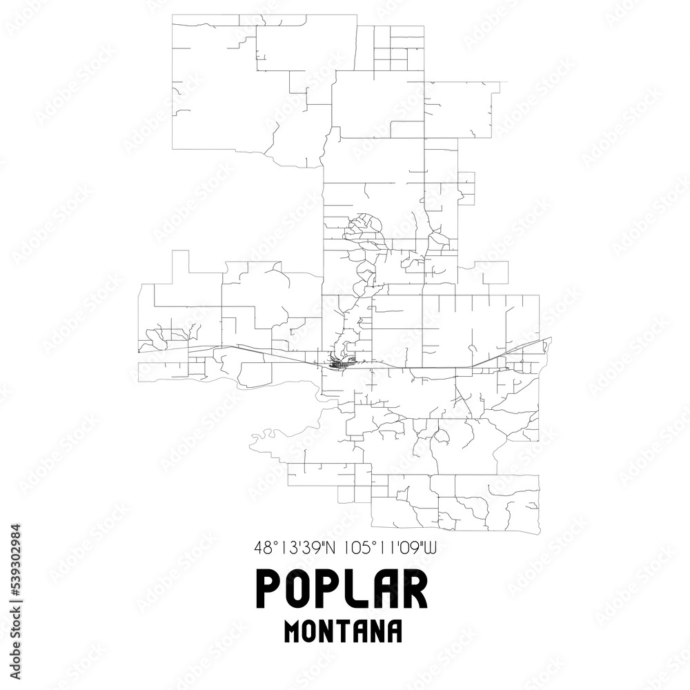 Poplar Montana. US street map with black and white lines.