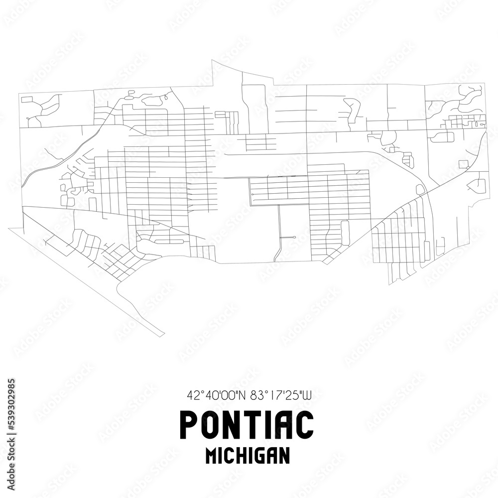 Pontiac Michigan. US street map with black and white lines.
