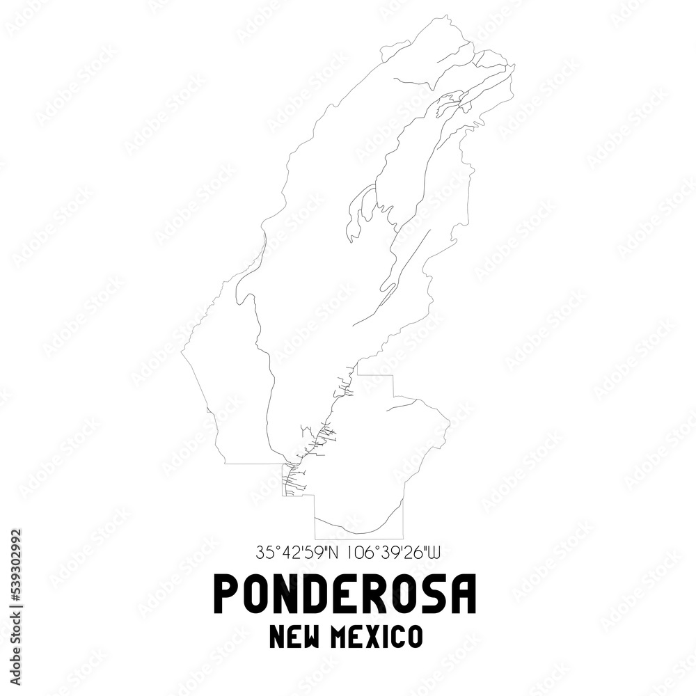 Ponderosa New Mexico. US street map with black and white lines.