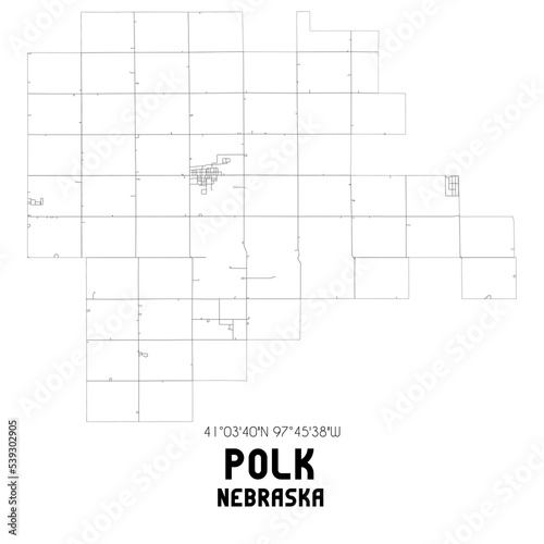 Polk Nebraska. US street map with black and white lines.