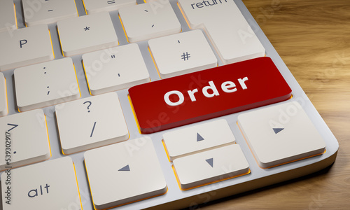 Order - Computer keyboard. White computer keyboard with one key in blue and the word Order. Supply and demand, commercial activity, delivering and supply chain concept. 3D illustration