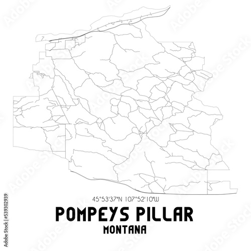 Pompeys Pillar Montana. US street map with black and white lines.