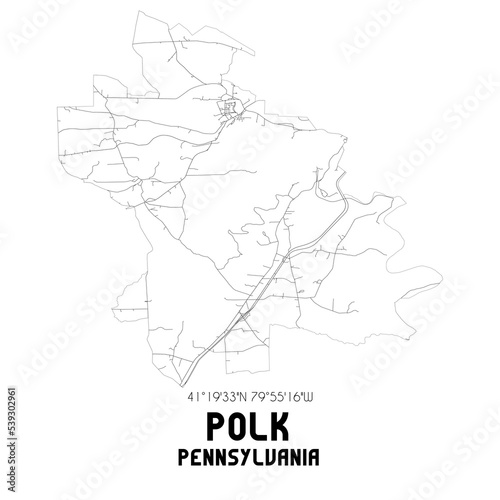Polk Pennsylvania. US street map with black and white lines.