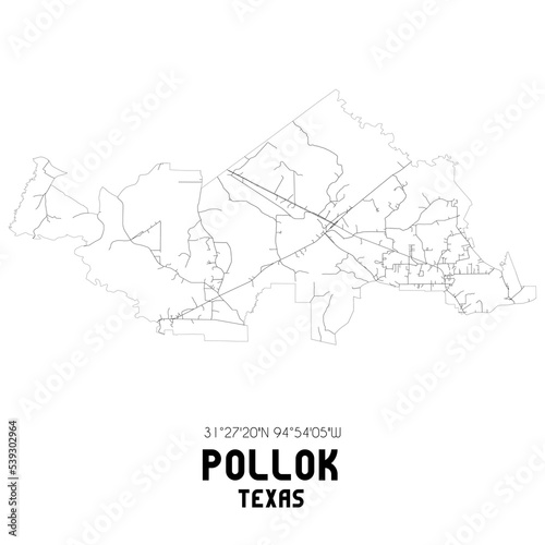 Pollok Texas. US street map with black and white lines.