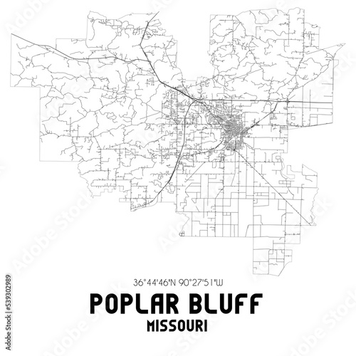 Poplar Bluff Missouri. US street map with black and white lines.