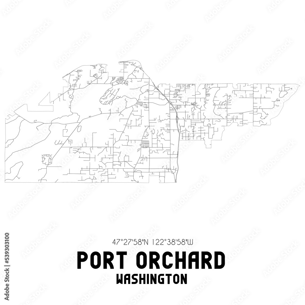 Port Orchard Washington. US street map with black and white lines.