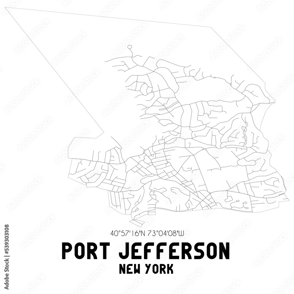Port Jefferson New York. US street map with black and white lines.