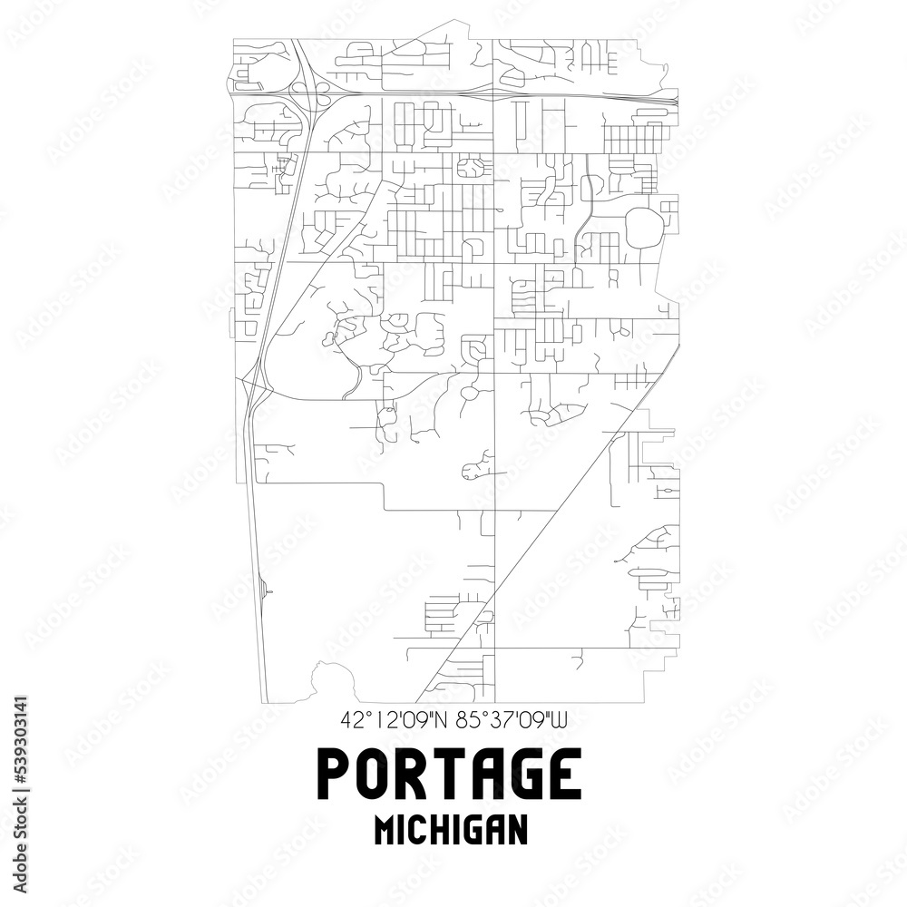 Portage Michigan. US street map with black and white lines.