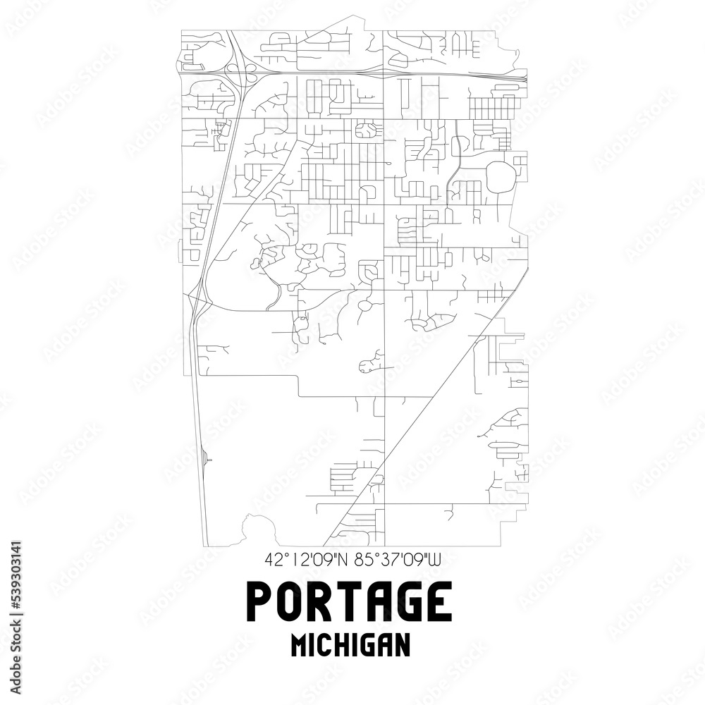 Obraz premium Portage Michigan. US street map with black and white lines.