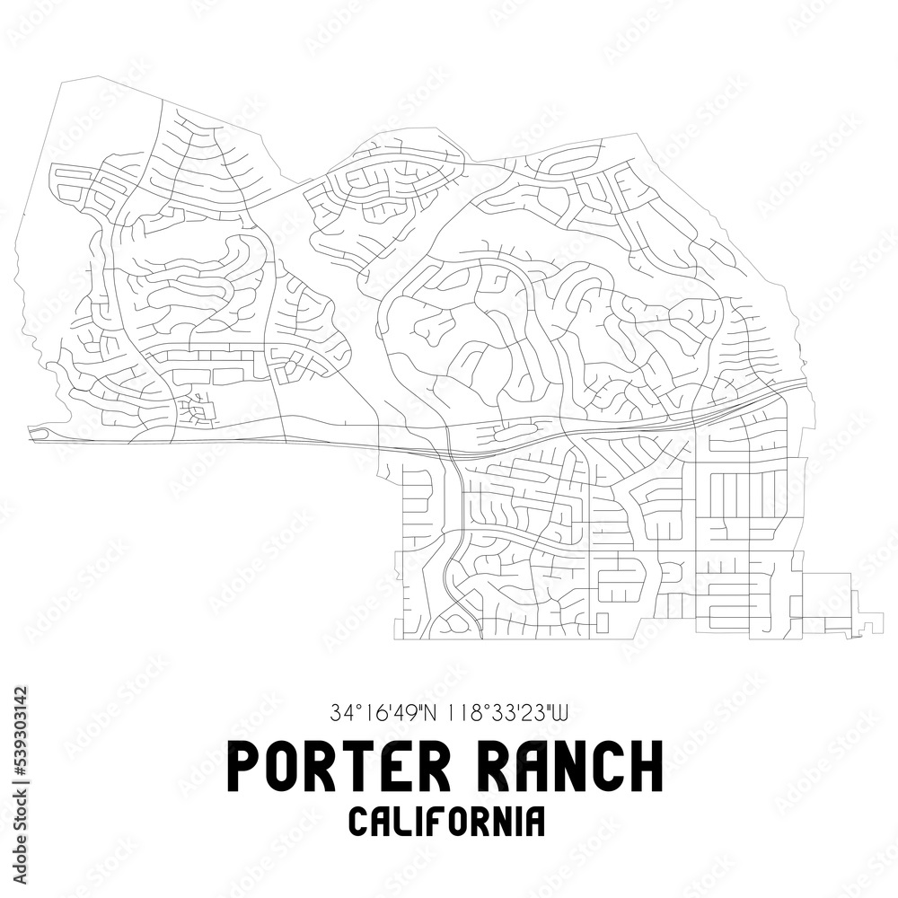 Porter Ranch California. US street map with black and white lines.