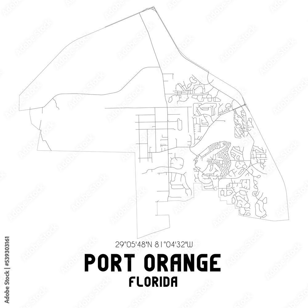 Port Orange Florida. US street map with black and white lines.