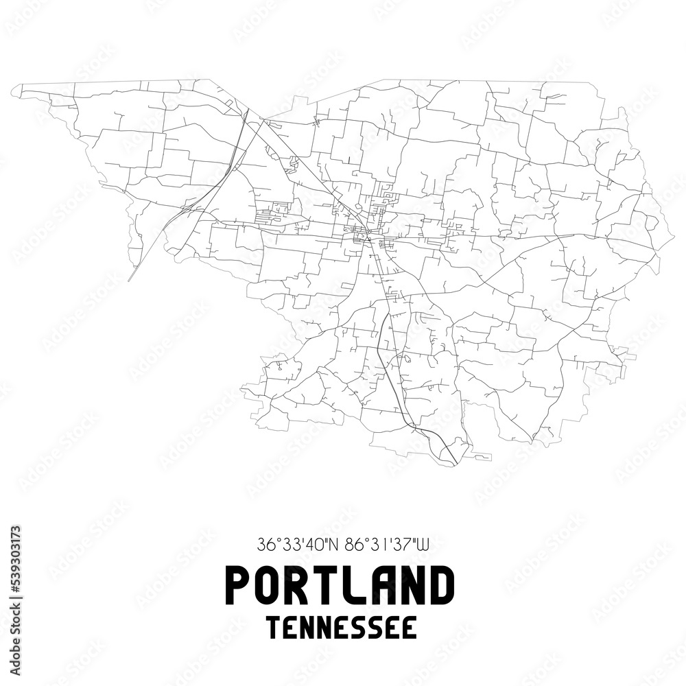 Portland Tennessee. US street map with black and white lines.