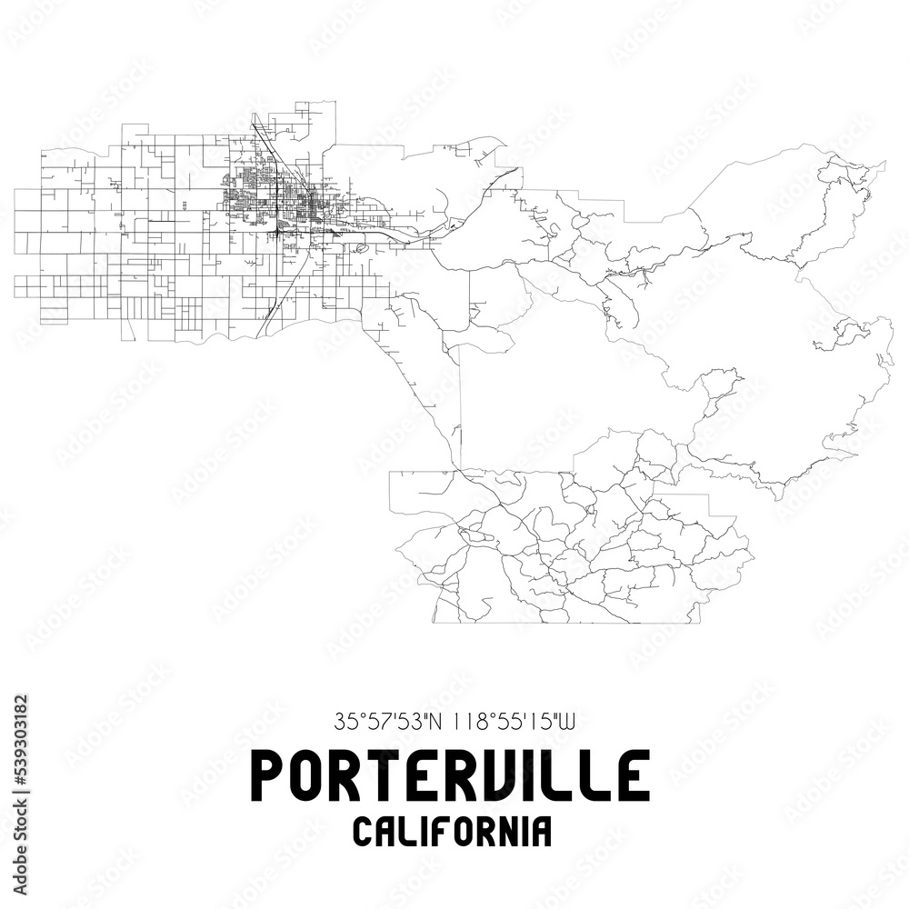 Porterville California. US street map with black and white lines.