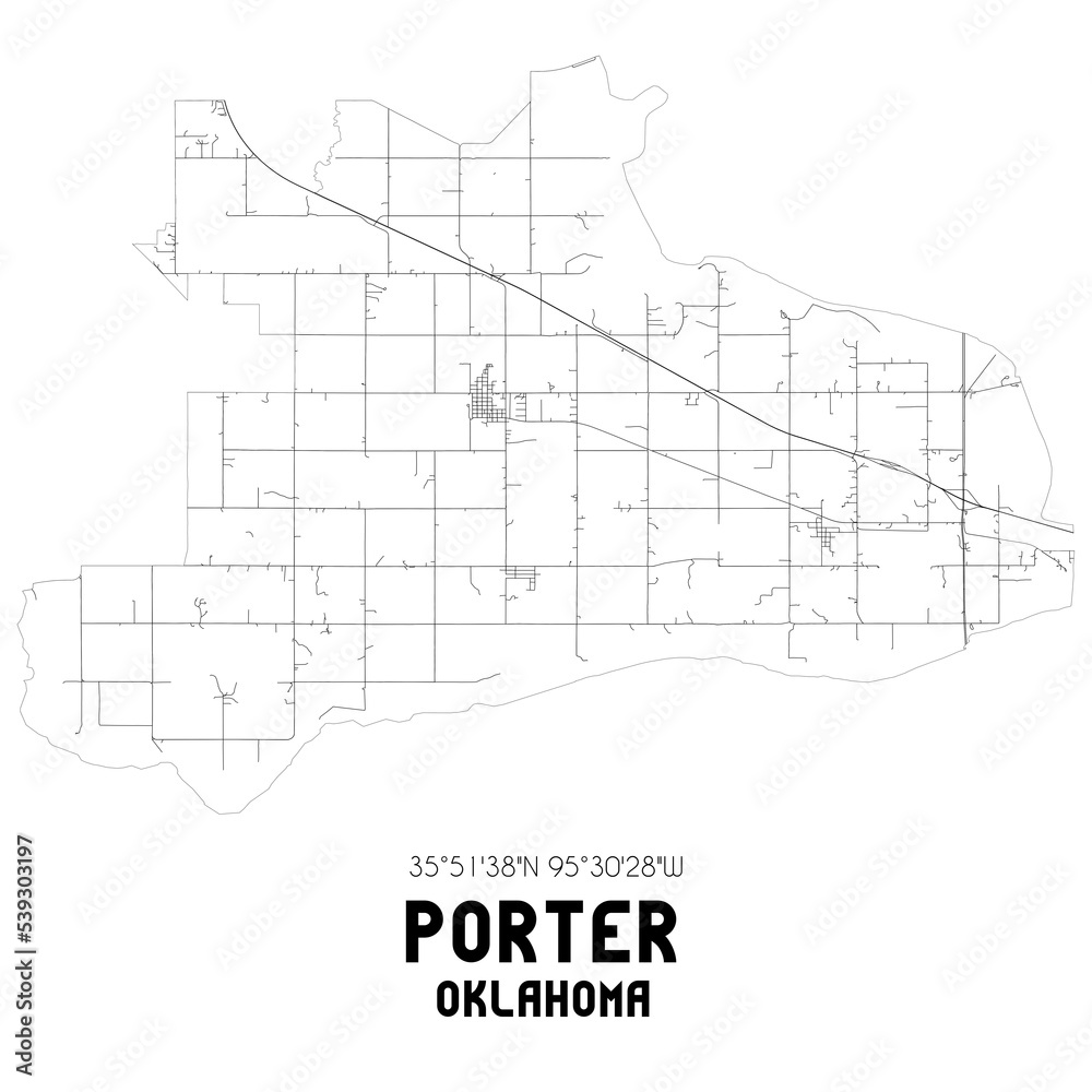 Porter Oklahoma. US street map with black and white lines.