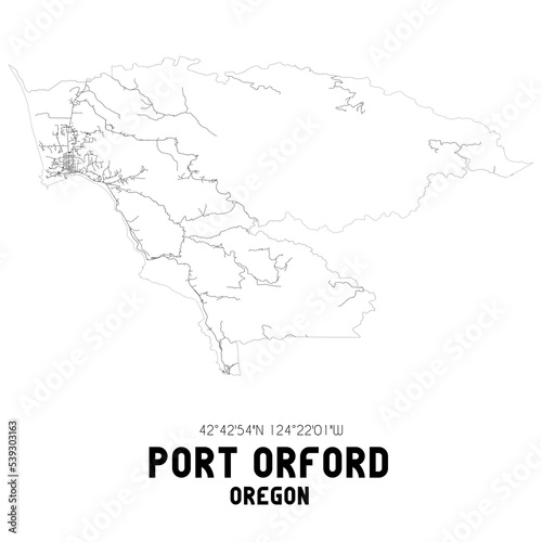 Port Orford Oregon. US street map with black and white lines.