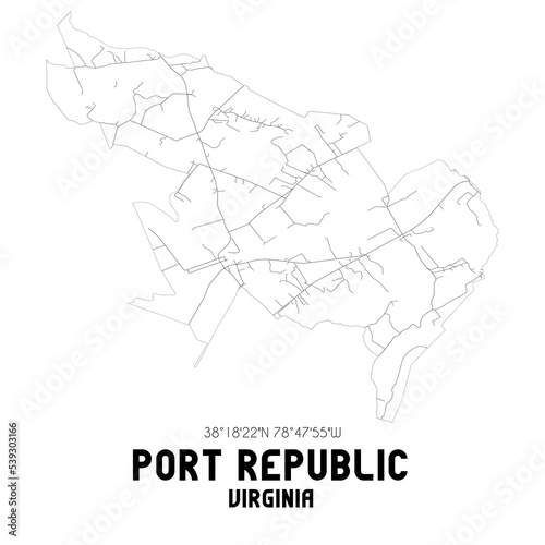 Port Republic Virginia. US street map with black and white lines.