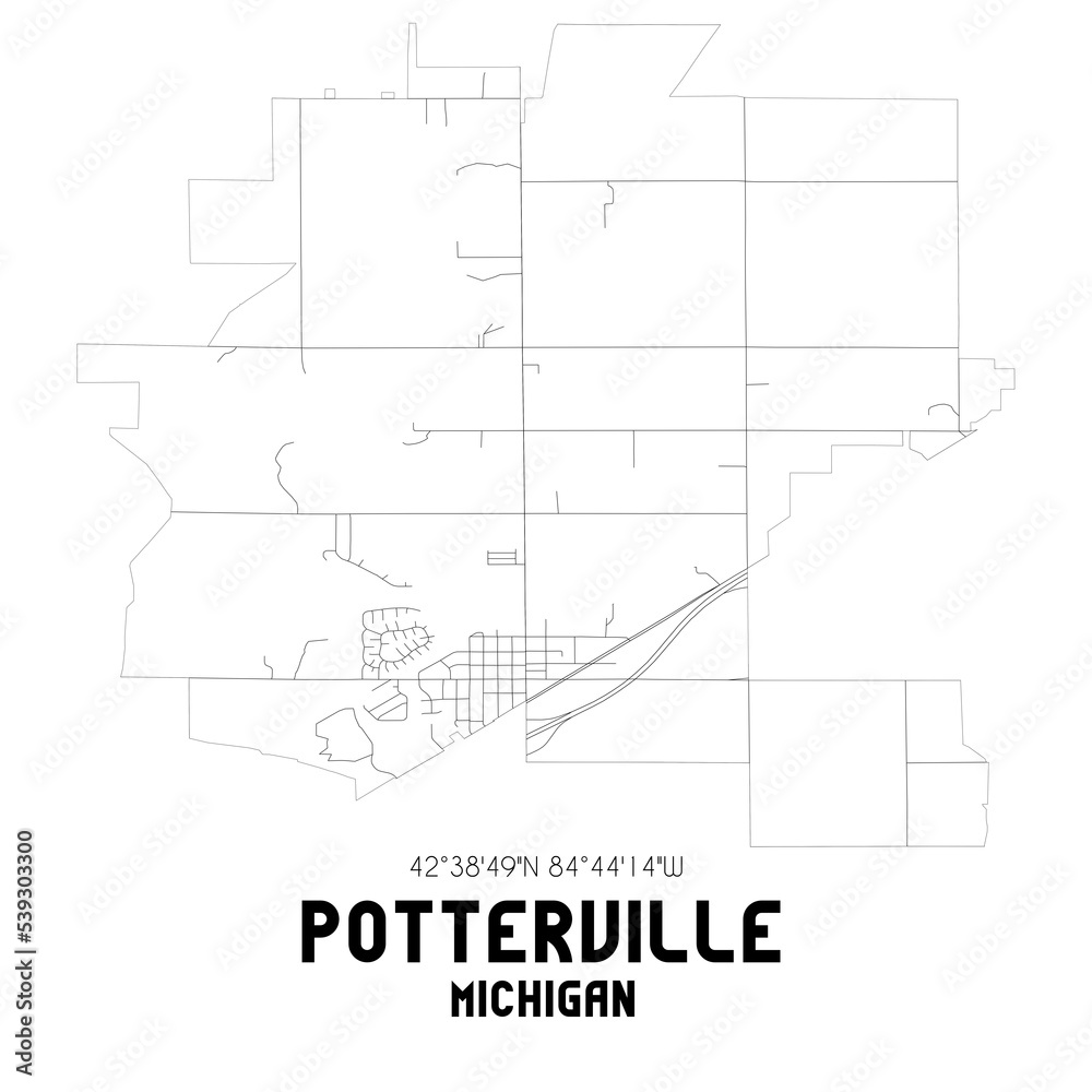 Potterville Michigan. US street map with black and white lines. Stock