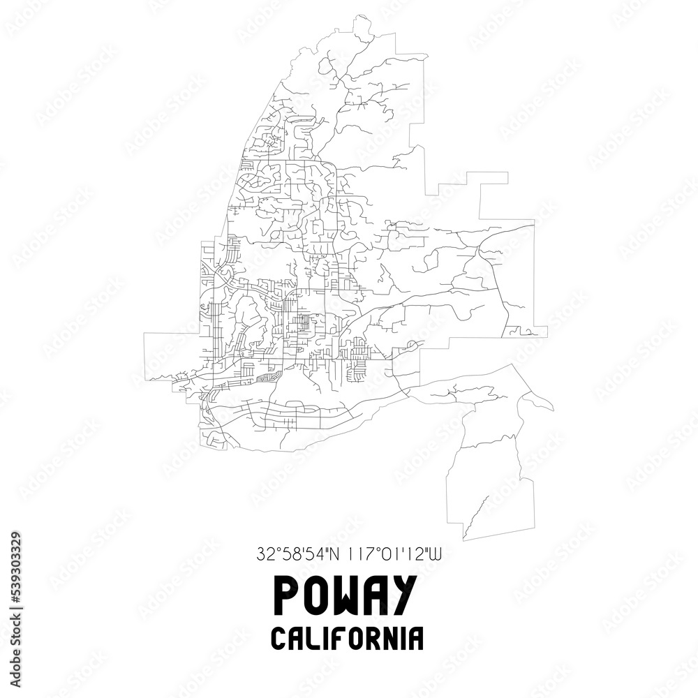 Poway California. US street map with black and white lines.