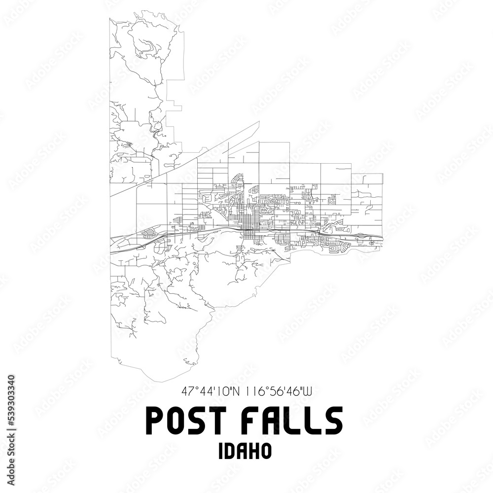Post Falls Idaho. US street map with black and white lines.
