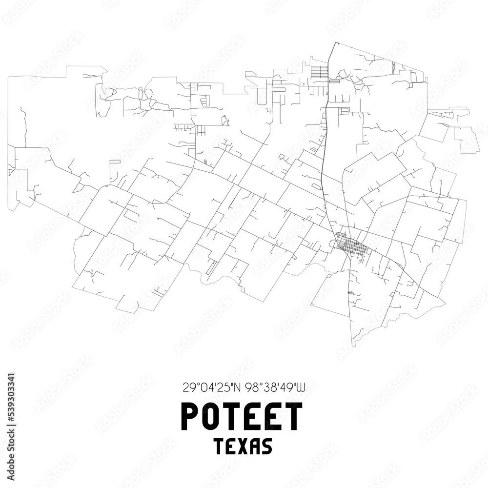 Poteet Texas. US street map with black and white lines.