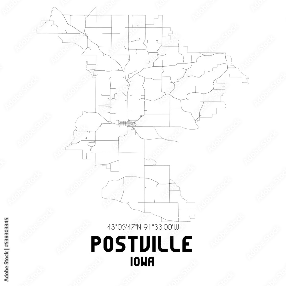 Postville Iowa. US street map with black and white lines.