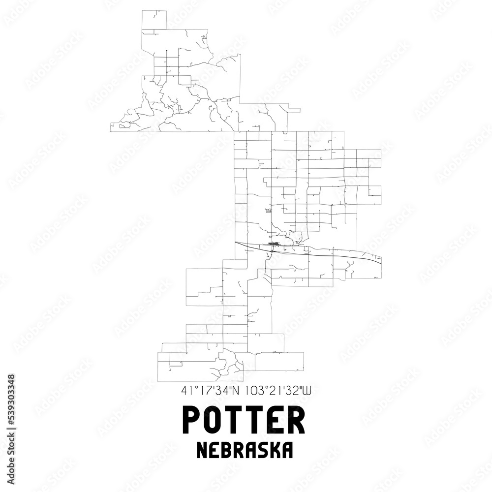 Potter Nebraska. US street map with black and white lines.