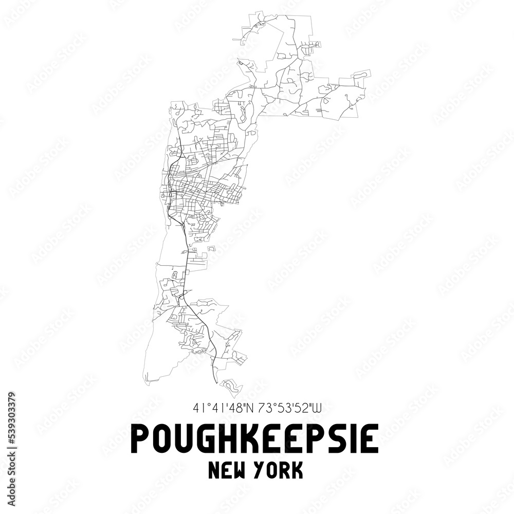Poughkeepsie New York. US street map with black and white lines.