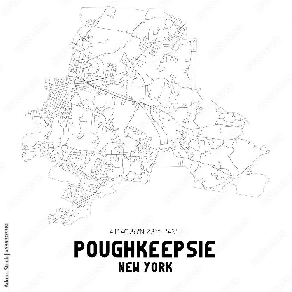 Poughkeepsie New York. US street map with black and white lines.