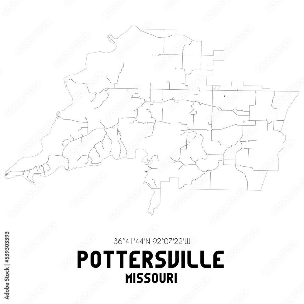 Pottersville Missouri. US street map with black and white lines.