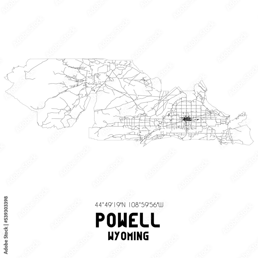 Powell Wyoming. US street map with black and white lines.