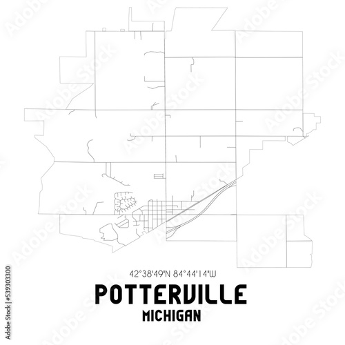 Potterville Michigan. US street map with black and white lines.