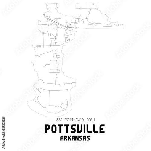 Pottsville Arkansas. US street map with black and white lines.