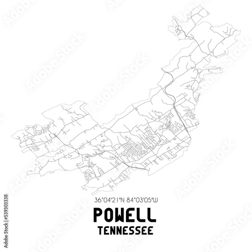 Powell Tennessee. US street map with black and white lines.